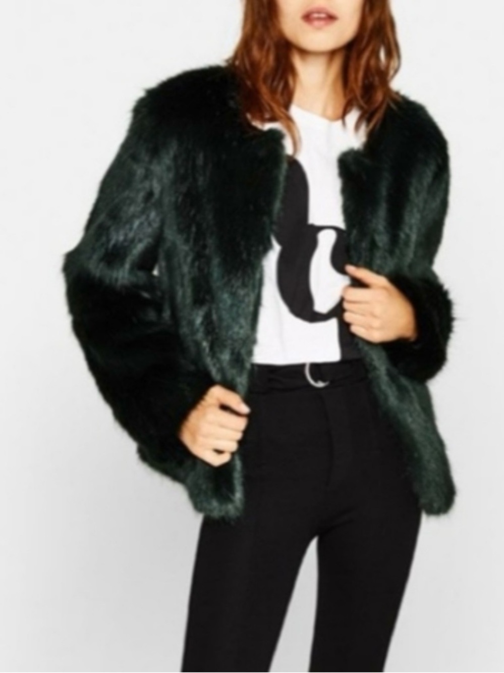 Bershka faux fur evening jacket Forrest green medium fringe whimsigoth like new